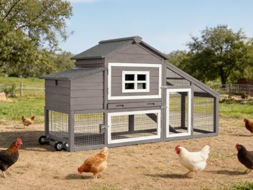GUTINNEEN Large Chicken Coop with Wheels, Expandable Mobile Outdoor Chicken House, Hen House Poultry Cage with Nesting Box, Leakproof Pull-Out Tray & UV-Resistant Roof – Brown - color: (Brown)