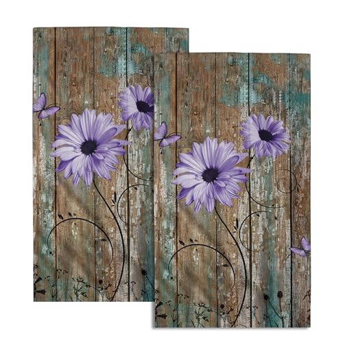 Giwawa Rustic Barn Sunflower Wooden Hand Towel 15x30 Set of 2, Fall Purple Daisy Flower Plank Fingertip Towel Retro Board Face Towel Country Barnwood Washcloth for Bathroom Farmhouse Log Cabin - color: Board Daisy Purple