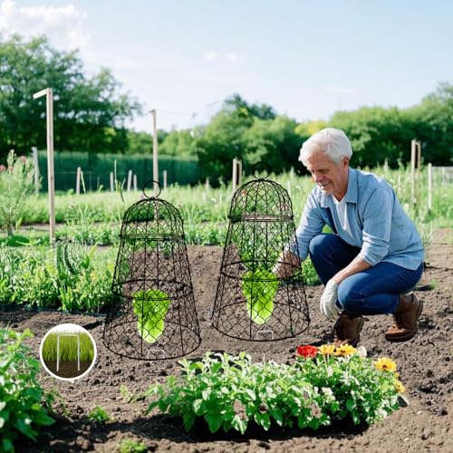 6 PCS 17.7"H X11.42"D Chicken Wire Plant Covers Protectors, Rustproof Heavy Duty Metal Plant Cage with Stakes & Labels, Modular Garden Cloches Design for Seedling Flower Vegetable Protect from Animals