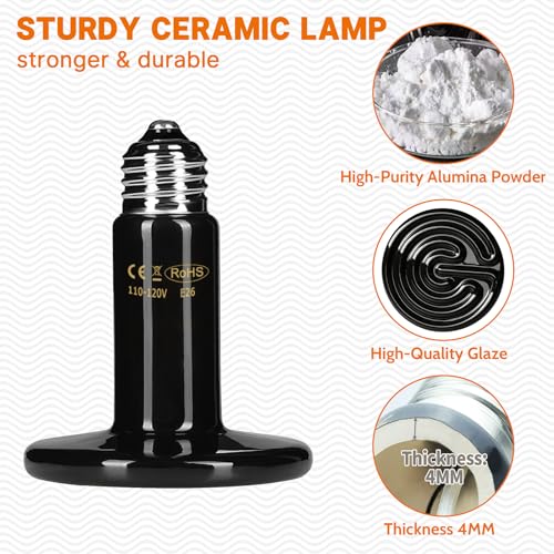 100W Ceramic Heat Emitter - Black Reptile Heat Bulb - No Light Infrared Reptile Heat Lamp for Lizards, Dogs, Cats - Ideal for Terrariums and Pet Brooder Coop Heating - Black