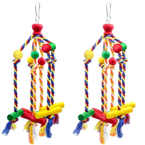 2 Pack Dangly Rope Bird Toys, Parakeet & Conure Toys with Multicolored Natural Wood, Chewing Toy Hanging Bird Cage Accessories for Parakeet Conure Cockatiel Parrot Lovebird