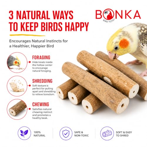 1211 Pk6 Natural Bark Sola Sticks, 6-Pack, 3" Long, 1.25" Diameter, Soft Chew and Foraging Toy for Birds, Parrots, Parakeets, Cockatiels, Lightweight, Natural, Safe, Eco-Friendly | Natural sola root sticks with center holes for chewing, shredding, toy mak