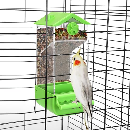 Yummy Sam Automatic Bird Feeder with Perch for Cage, No Mess Acrylic Transparent Bird Cage Feeder, Parrot Seed Feeders Food Container Cage Accessories for Small Medium Birds Parrot Cockatoo Canary - color: Green Clear