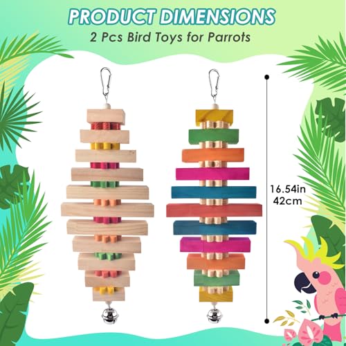 DBNESS 16.54in Extra Large Bird Toys for Parrot, 2 Pcs Colorful Natural Wood Block Chew Tearing Toy with Bell for Macaws, African Greys, Amazon Parrots, Eclectus, Cockatoo