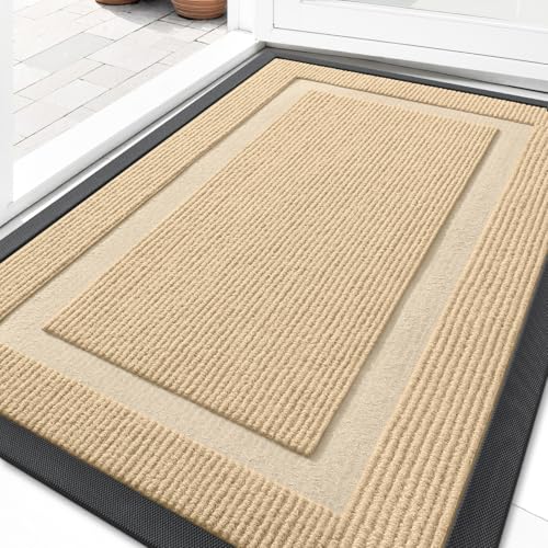 OLANLY Front Door Mat Outside 29.5x17, All-Season Heavy-Duty Rubber Doormat | Beige, Absorbent, Stain and Fade Resistant, Waterproof Non-Slip Backing, Low-Profile Indoor Outdoor Floor Mat for Entryway - color: Beige, size: 29.5" x 17"