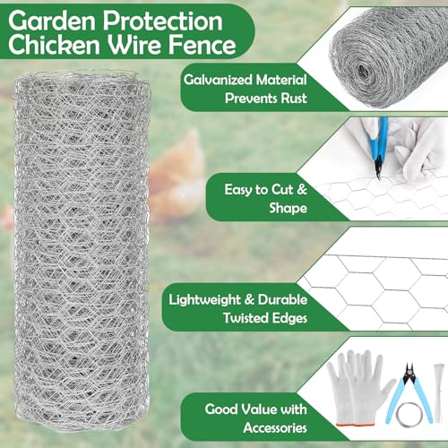 Floral Chicken Wire for Craft, 15.7 Inch x 75 FT Lightweight Galvanized Hexagonal Chicken Wire Netting, Silver Chicken Wire Fence for Garden Poultry Chicken Wire Mesh with Gloves, Wire Ties, Plier - size: 15.7 Inch x 75 FT