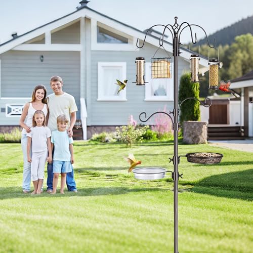 Bird Feeding Station Kit, 94-Inch, 6-Hook Metal Bird Feeder Pole | Bird Bath Bowl, Mesh Seed Tray, Freestanding 5-Prong Base, Removable Parts, Easy Assembly, for Patio, Lawn and Garden - size: 94 Inches without Squirrel Baffle