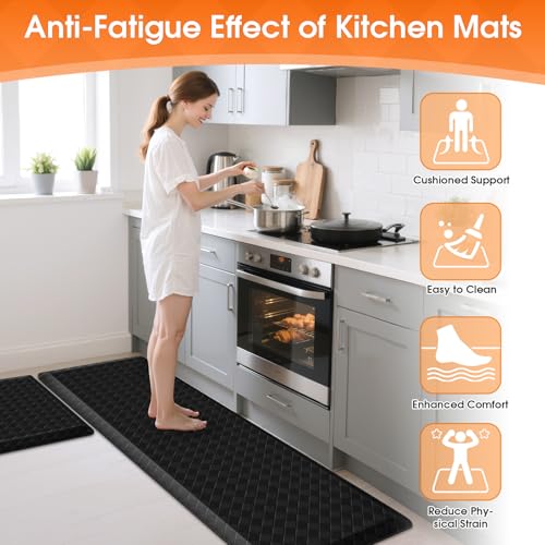 TranquilRelax 4/5 Inch Cushioned Anti Fatigue Kitchen Mats for Floor, Black | 2PCS Kitchen Rugs, Non-Slip Standing Desk Mat, Comfortable Standing Rug Set for Kitchen & Laundry, 17.3"×30"+17.3"×59" - color: Black, size: 2-Piece | 28"+59" | Extra Thick