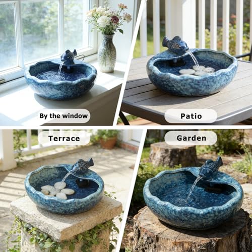 Ceramic Solar Bird Bath Fountain with Battery Backup,Solar Fountain Outdoor | Birdbath Fountain ,Solar Water Fountain for Garden, Patio & Yard Decor,Working at Night for at Least 6 Hours (Koi Fish).