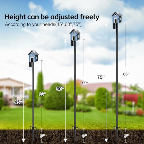 Bird House Pole,75" Outdoor Bird Feeder Pole Kit Stand with 5-Pronged Base, Adjustable Height & Universal Mount for Easy Setup, 2 Installation Methods, Matte Black Finish (Without Bird House) - size: 75"