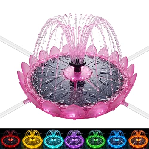 6.3" Solar Bird Bath Fountain, Lotus Design with LED Lights | 3.7V 1500mAh Battery, 23 LED Lights, 7 Color Modes, 5 Adjustable Nozzles, 50-55cm Lift Height, Anti-Floating Poles