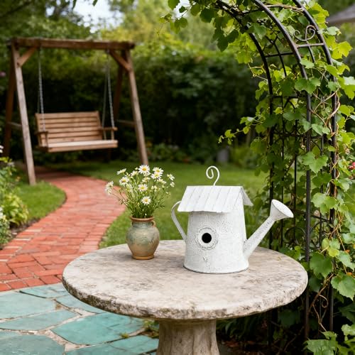 Vintage Metal Hanging Birdhouse, Decorative Bird House in Watering Can Design with Flower Accent, Rustic White Finish, Ideal for Garden and Outdoor Decor - color: White-Watering Can