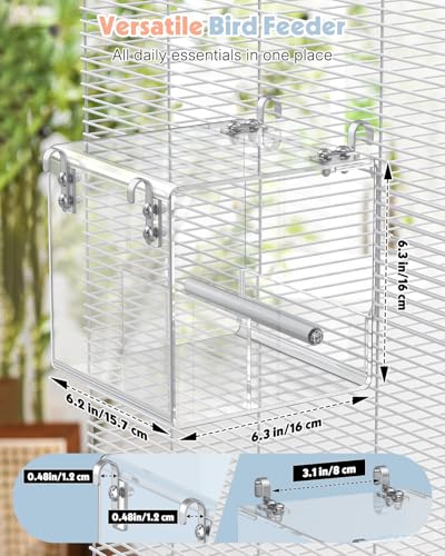 Pawfly No Mess Bird Feeder, Clear Acrylic Bird Cage Feeder, Hanging Bird Feeder for Cage, Parakeet Feeder, Bird Seed Catcher, Food Container for Parrot, Cockatiel, Budgie & Lovebird, Medium - size: Medium