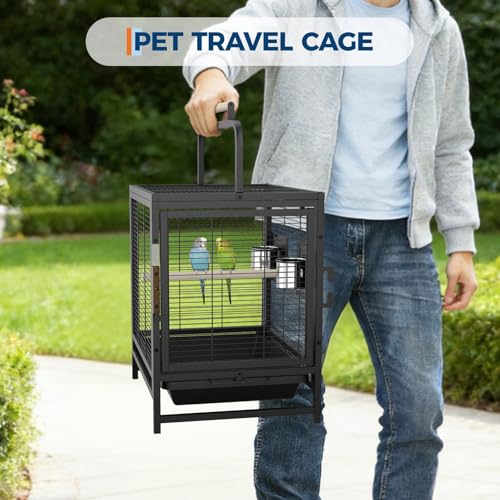 Garvee Bird Travel Carrier Cage, 25" h Small Bird Cage with with Wooden Perch Handle, Bird Carrier for Parrots Conures Lovebird Cockatiel Parakeets Black