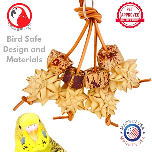 Bonka Bird Toys 1056 Palm & Pod Forage Cluster 5" x 3" Natural Mahogany Pods Palm Flowers Leather Strands for Parrotlets Budgies Lovebirds Small Parrots Cage Enrichment