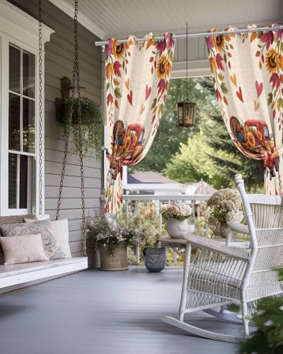 Outdoor Curtain for Patio, Fall Red Truck Waterproof Blackout Curtain for Porch/Pergola, Thanksgiving Sunflower Turkey Maple Leaf Linen Thermal Insulated Drapes for Cabana, 1 Panel, 54 x 108 Inch - size: 54"W x 108"L (Pack of 1)