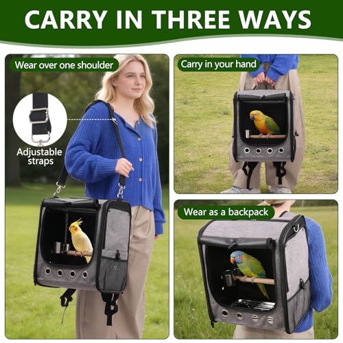 Foldable Bird Carrier Bag, Bird Backpack with Perch and Food Bowl, Stainless Steel Tray, A Portable Travel Bird Cage that is Easy to Clean, Pet Transparent Breathable Travel Cage