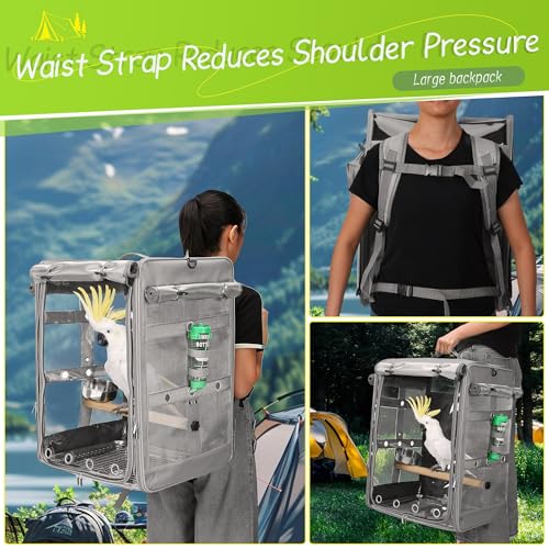 Bird Carrier Travel Cage, Cockatoo Carrier, Parrot Travel Backpack with Unbreakable Stainless Steel Mesh, Perch, Water Bottle and Food Bowl, X-Large Grey - color: Grey, size: 17.5"L x 14.8"W x 23.6"H