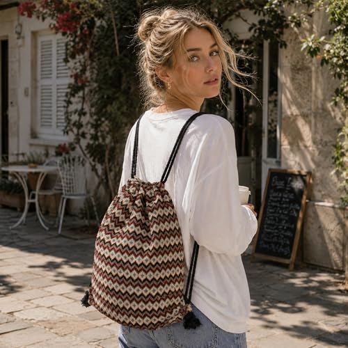 Van Caro Bohemian Drawstring Backpack Light Cinch Bag Gym Sack String Bag - color: D-white
