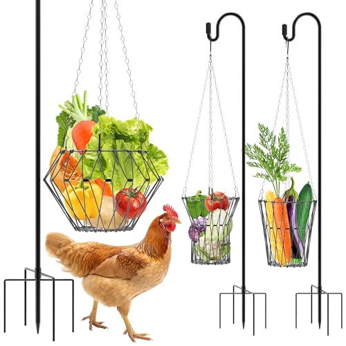 Hanging Chicken Feeder, Foldable Chicken Vegetable Fruits Feeder with 35.5lnch Shepherds Hook, Poultry Feeding Holder Basket with Hanging Chain for Chicken Coop Accessory - style: 2 Pack with 2 Shepherds Hooks