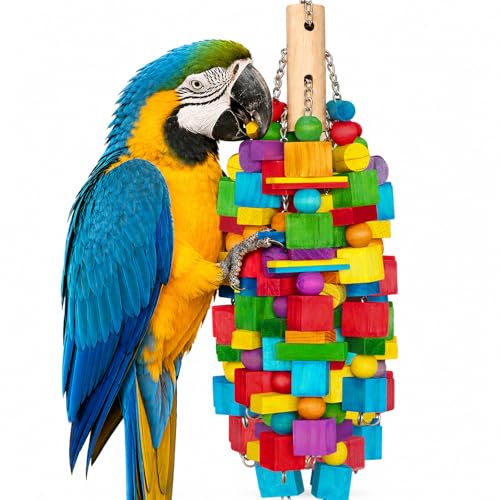 Large Bird Toy, 20 in XL Parrot Toys Natural Wood Blocks Bird Chew Toy for Foraging, Stainless Steel Chain Hanging Cage Toy for Macaws, Cockatoos, African Greys and Large Parrots-1.65 lb