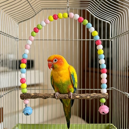 Wooden Bird Swing, 9 Inches Hanging Bird Cage Perches with Playing Bell, Natural Bird Chew Toys Boredom Breaker Bird Toys for Parakeets, Budgie, Cockatiel (Macaron Colors, L) - color: Macaron Colors