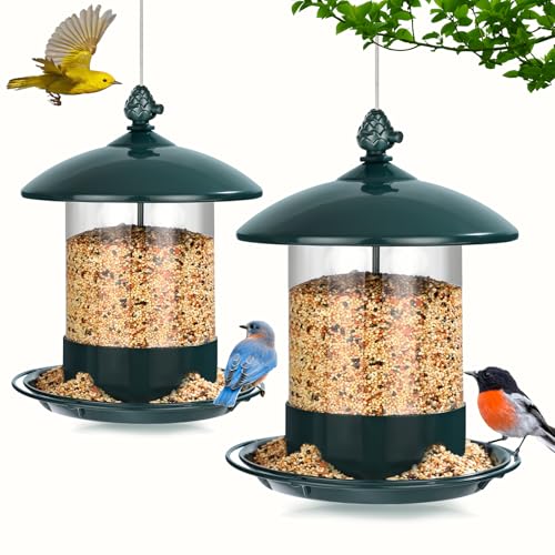 Metal Bird Feeders for Outdoors Hanging, Weather Resistant Wild Bird Feeder with 360 Degree Feeding Tray, Green, 2 Pack - color: Green