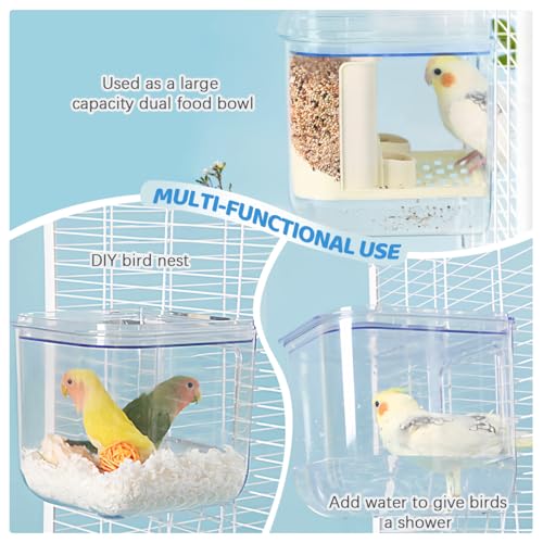 La La Pet No Mess Automatic Bird Feeder Large Capacity Feeding Bowl for Birdcage 2-in-1 Multifunctional Food Container and Bathtub for Parrots Cockatoos Parakeets Lovebirds