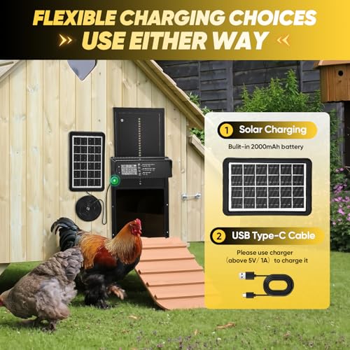 Sakerplus Automatic Chicken Coop Door Solar Powered, Automatic Chicken Door with Timer, Light Sensor, 4 Modes and LCD Display, Aluminum Alloy Auto Chicken Door, Anti-Pinch & Weather Proof