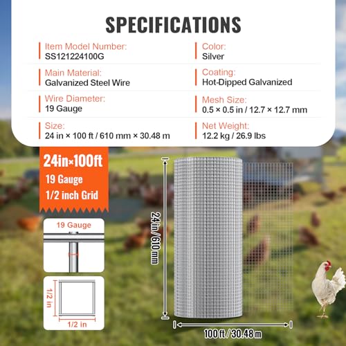 VEVOR Hardware Cloth, 1/2 inch 24in x 100 ft 19 Gauge, Hot Dipped Galvanized Wire Mesh Roll, Chicken Wire Fencing, Wire Mesh for Rabbit Cages, Garden, Small Rodents - size: 24'' x 100'