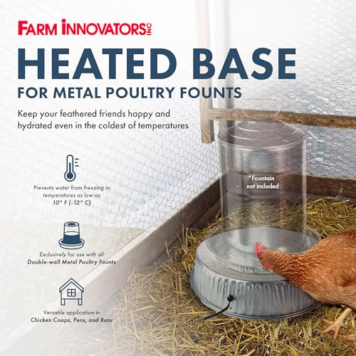 Farm Innovators 125 Watt Heated Base for Double Wall Metal Poultry Founts with 35 Degrees Fahrenheit Temperature and Below, Metallic | For outdoor use with double wall metal founts, prevents water from freezing in temperatures as low as 10° F (-12° C)