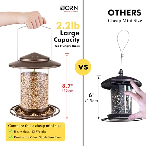 iBorn Bird Feeder for Outside Hanging,Bird Seed for Outside Wild Bird Feeders for Garden Yard Outdoor Decoration,Round Roof Design Coffee - color: Coffee,2.2LB,6Port