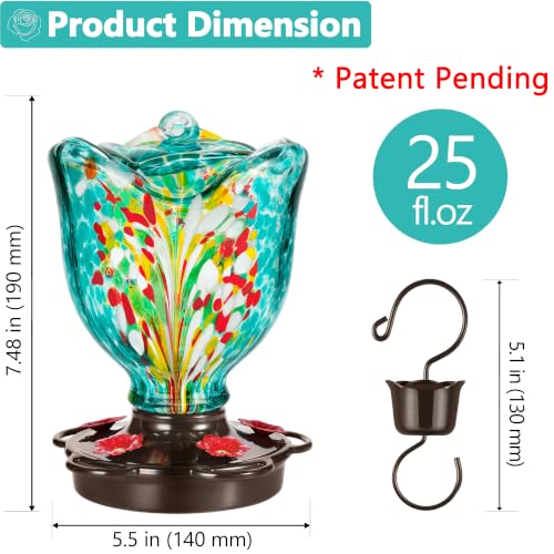LUJII Rose Shaped Hummingbird Feeder for Outdoor Hanging, Hand-Blown Glass, 25 fl.oz, Leak-Proof and Rustproof, with Ant Moat and 5-Port Metal Cover, Teal - color: Teal
