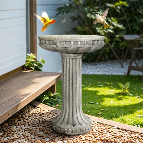 SunJet 24” H x 16” Dia Outdoor Birdbath with Classical Pedestal - Fibre Reinforced Concrete Birdbaths, Vintage Design for Garden Decor & Bird Attraction - color: Offwhite, size: 24inches