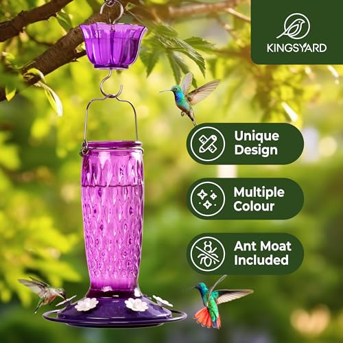 Kingsyard 2 Pack Glass Hummingbird Feeder for Outdoors with Ant Moat | 24 oz, Wide-Mouth Opening, 6 Metal Feeding Ports, Bee Guard, Easy to Clean & Refill Nectar, 360 Degree Perch, Purple - color: Purple