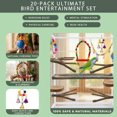 Natural Bird Toys and Wood Perches Set, Essential Parrot Cage Accessories with Hanging Swings, Stands and Shreddable Foraging Toys for Parakeets, Cockatiels, Budgies (20 Pack) - size: 20 Pack