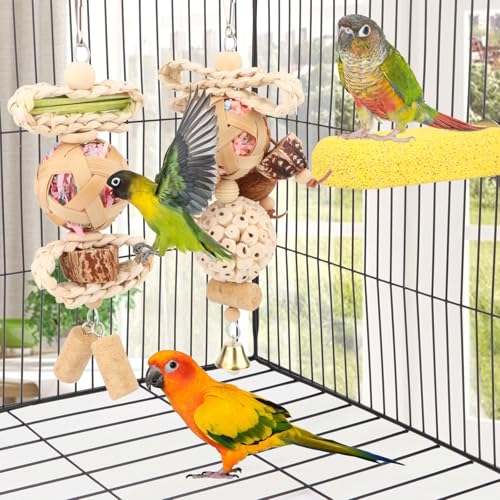 Wontee Bird Toys Colorful Shredding Crinkles Foraging Toys Natural Sola Ball Chew for Cockatiels Conures Parakeets Budgies Senegal (2 Pack) - size: 2 Pack
