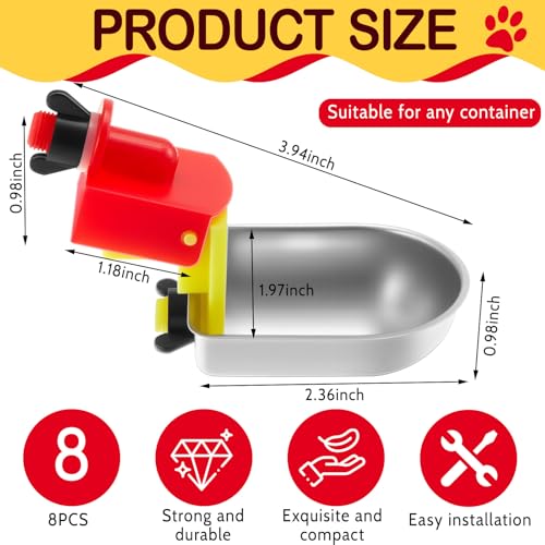 8 Pack Heavy Duty Auto Fill Metal Chicken Waterer Cups, Stainless Steel Freeze Leak Proof Poultry Rabbit Watering System Fits 5 Gallon Bucket and 3/8'' Hole Saw(Oval Style) - style: Oval Style