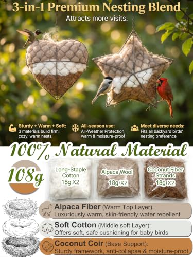 2-Pack Heart & Star Shaped Alpaca Fiber Bird Nesting Holder, Refillable Nesting Material for Wild Birds & Hummingbirds, Outdoor Garden Decor & Bird Lover Gift - color: heart+star