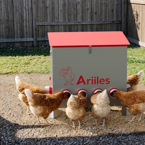 100lb Automatic Chicken Feeder with 6 No-Waste Ports, Metal Poultry Feeder with Elevated Stand & Weatherproof Lid, Large Feed Dispenser for Chickens, Ducks & Backyard Poultry - size: 100 LB