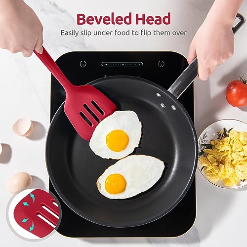 U-Taste Silicone Turner Spatula Set of 2, 13.6" Long/3.7" Wide, Red | 600ºF Heat Resistant Food Grade Silicone Cooking Utensils Set, Wide Large Solid & Slotted Turner Pancake Egg Flipper - color: Rose Red