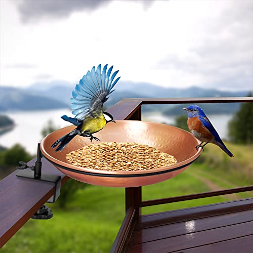 Monarch Abode Deck Mounted Bird Bath & Bird Feeder for Outdoors – Pure Copper Hand Hammered Birds Bath Bowl w/Detachable Iron Clamp, Birdfeeder and Birdbath for Outdoors Garden Backyard - style: Deck Mounted Bird Bath