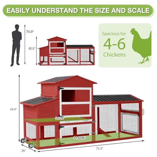 GUTINNEEN Large Outdoor Chicken Coop with Run, Mobile Hen House for 4-6 Chickens, Wooden Poultry Cage with Wheels, 2 Nesting Boxes, Waterproof Roof, Removable Pull-Out Tray-Red - size: 72.3"L x 26.0"W x 39.4"H