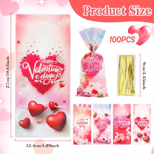 100 Pack Valentine Treat Bags,Valentines Cellophane Treat Bags, Plastic Valentines Goodie Bag Candy Cookie Bakery Heart Clear Gift Bag for Valentine's Day Holiday Wedding Party Favors Supplies - color: Valentines, size: 1 count (Pack of 100)