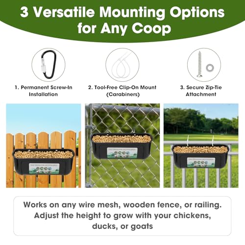 3 Pack 6 Quart Chicken Duck Feeder Trough, Black | Fence Mount Hanging Feeder with Clips; Fits Chicken, Duck, Geese, Turkeys, Goats & All Farm Livestock Coop Feeding - color: black