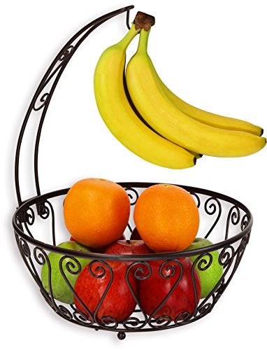 SimpleHouseware Fruit Basket Bowl with Banana Tree Hanger, Bronze - color: Bronze