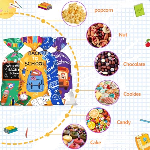 CUUSNNY 100 Pcs Back to School Goodie Bags Cellophane Treat Bags | First Day of School Candy Goodie Gift Bag with Gold Twist Ties for Welcome Back to School Party Favor Supplies - color: Back to School