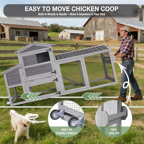 Large Chicken Coop with Run for 4–6 Chickens, Mobile Chicken Coop with Wheels, Wooden Hen House with 2 Nesting Boxes, Pull-Out Tray, Waterproof Roof, Outdoor Poultry Cage for Backyard