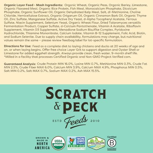 Scratch and Peck Feeds | Layer Mash for Chickens & Ducks | 25 lb Bag | 16% Protein, Corn & Soy Free, Fermentable Whole Grains, Certified Organic & Non-GMO Project Verified, Complete Nutrition - size: 25 Pound (Pack of 1), style: Layer Feed