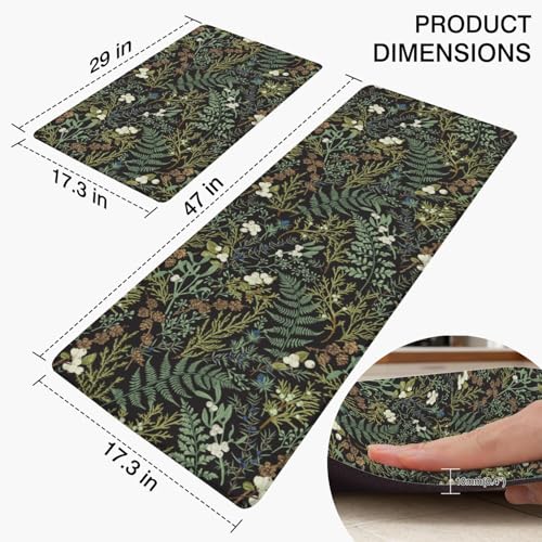 Green Botanical Anti Fatigue Kitchen Rugs, 17.3"x47"+17.3"x29" | Non Slip Comfort Washable Waterproof Fern and Leaves Floor Kitchen Decor Mat, Floral rug Set of 2 for Home, Sink, Laundry - color: Green Botanical